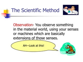 The Scientific Method
Observation- You observe something
in the material world, using your senses
or machines which are basically
extensions of those senses.
AH—Look at this!
 