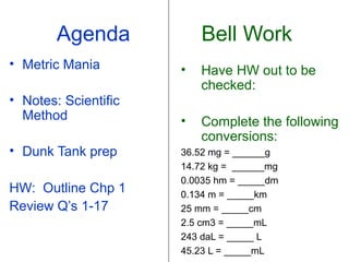 Agenda            Bell Work
• Metric Mania        •   Have HW out to be
                          checked:
• Notes: Scientific
  Method              •   Complete the following
                          conversions:
• Dunk Tank prep      36.52 mg = ______g
                      14.72 kg = ______mg
                      0.0035 hm = _____dm
HW: Outline Chp 1     0.134 m = _____km
Review Q’s 1-17       25 mm = _____cm
                      2.5 cm3 = _____mL
                      243 daL = _____ L
                      45.23 L = _____mL
 