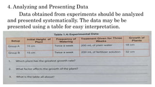 4. Analyzing and Presenting Data
Data obtained from experiments should be analyzed
and presented systematically. The data may be be
presented using a table for easy interpretation.
 