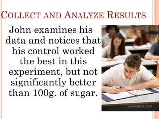 COLLECT AND ANALYZE RESULTS
John examines his
data and notices that
his control worked
the best in this
experiment, but not
significantly better
than 100g. of sugar.
 