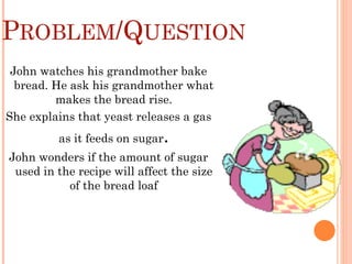 PROBLEM/QUESTION
John watches his grandmother bake
bread. He ask his grandmother what
makes the bread rise.
She explains that yeast releases a gas
as it feeds on sugar.
John wonders if the amount of sugar
used in the recipe will affect the size
of the bread loaf
 