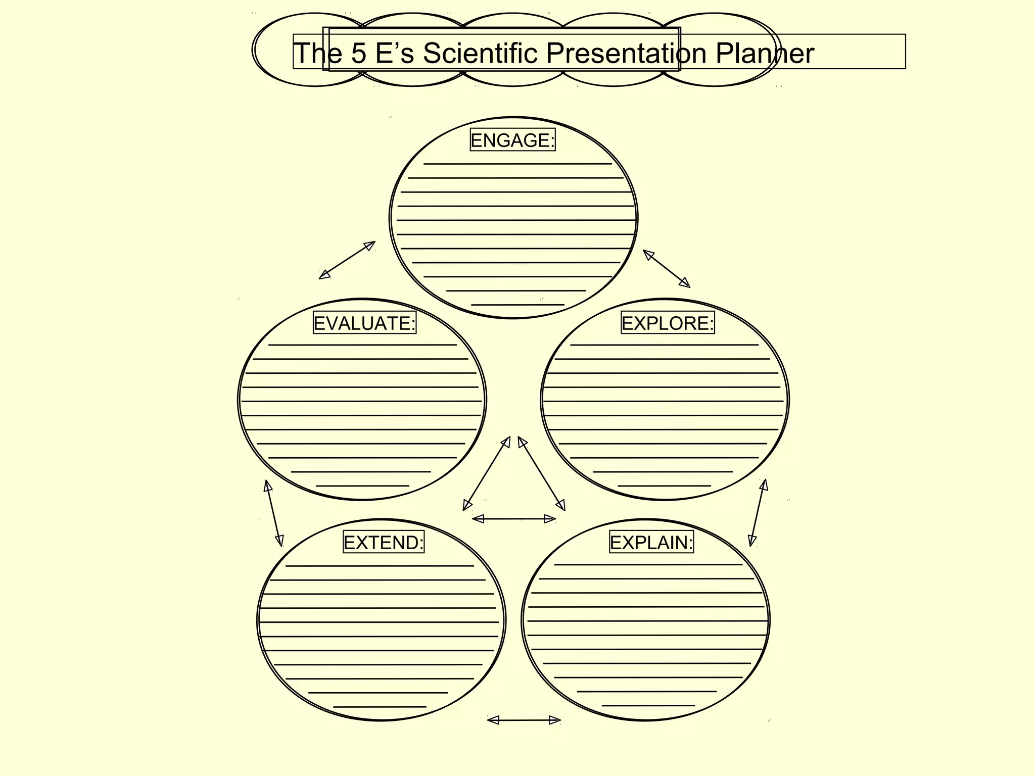 The 5 E’s Scientific Presentation Planner
ENGAGE:
EXPLORE:EVALUATE:
EXPLAIN:EXTEND:
 