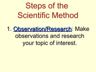 Steps of the
Scientific Method
1. Observation/ResearchObservation/Research: Make
observations and research
your topic of interest.
 