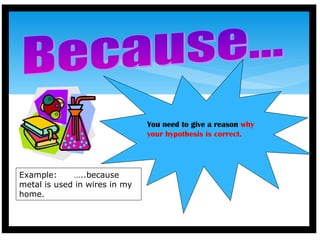 You need to give a reason why
your hypothesis is correct.
Example: …..because
metal is used in wires in my
home.
 