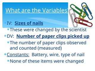 IV: Sizes of nails
These were changed by the scientist
DV: Number of paper clips picked up
The number of paper clips observed
and counted (measured)
Constants: Battery, wire, type of nail
None of these items were changed
What are the Variables?
 