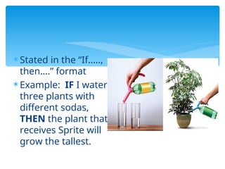 Stated in the “If…..,
then….” format
 Example: IF I water
three plants with
different sodas,
THEN the plant that
receives Sprite will
grow the tallest.
 
