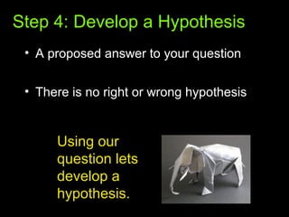 Step 4: Develop a Hypothesis
• A proposed answer to your question
• There is no right or wrong hypothesis
Using our
question lets
develop a
hypothesis.
 