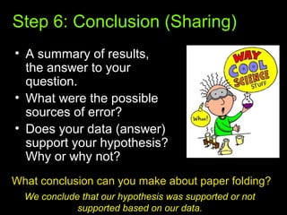 Step 6: Conclusion (Sharing)
• A summary of results,
the answer to your
question.
• What were the possible
sources of error?
• Does your data (answer)
support your hypothesis?
Why or why not?
What conclusion can you make about paper folding?
We conclude that our hypothesis was supported or not
supported based on our data.
 
