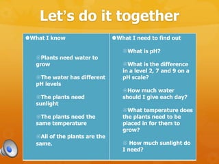Let’s do it together
What I know
Plants need water to
grow
The water has different
pH levels
The plants need
sunlight
The plants need the
same temperature
All of the plants are the
same.
What I need to find out
What is pH?
What is the difference
in a level 2, 7 and 9 on a
pH scale?
How much water
should I give each day?
What temperature does
the plants need to be
placed in for them to
grow?
 How much sunlight do
I need?
 