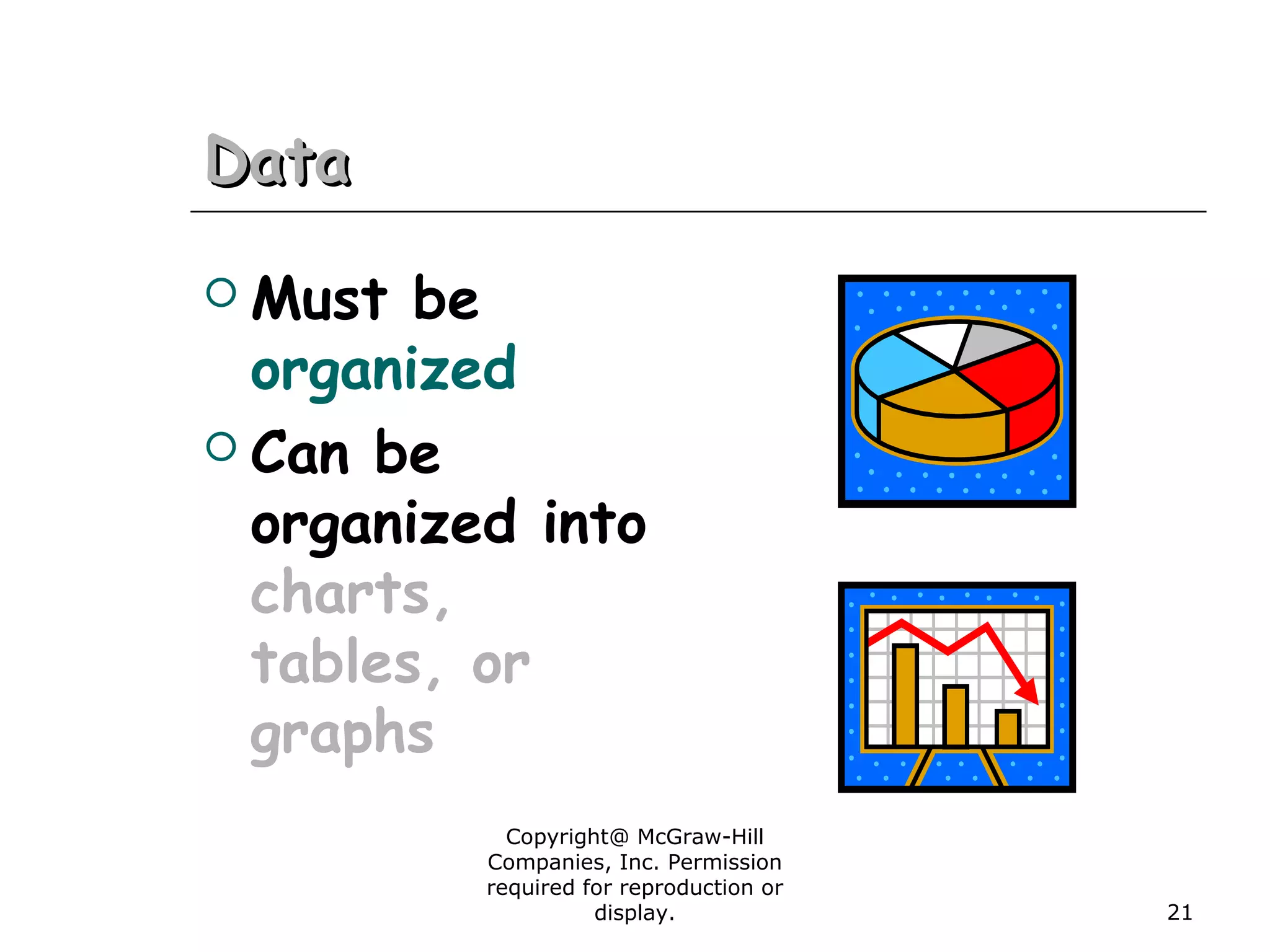 Copyright@ McGraw-Hill
Companies, Inc. Permission
required for reproduction or
display. 21
DataData
 Must be
organized
 Can be
organized into
charts,
tables, or
graphs
 