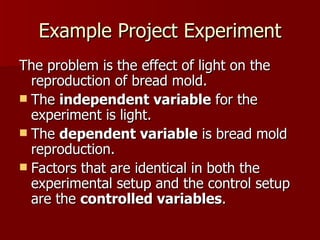 Example Project Experiment The problem is the effect of light on the reproduction of bread mold.  The  independent variable  for the experiment is light. The  dependent variable  is bread mold reproduction.  Factors that are identical in both the experimental setup and the control setup are the  controlled variables .  