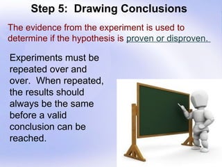 Step 5: Drawing Conclusions
The evidence from the experiment is used to
determine if the hypothesis is proven or disproven.

Experiments must be
repeated over and
over. When repeated,
the results should
always be the same
before a valid
conclusion can be
reached.

                                               Page 12
 