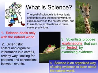 What is Science?
                 The goal of science is to investigate
                 and understand the natural world, to
                 explain events in the natural world, and
                 to use those explanations to make
                 useful predictions.

1. Science deals only
with the natural world.
                                              3. Scientists propose
2. Scientists:                                explanations
                                              ___________ that can
collect and organize                             tested
                                              be ______ by
information in a careful,                     examining evidence.
orderly way, looking for
patterns and connections
between events.                     4. Science is an organized way
                                     4. Science is an organized way
                                    of using evidence to learn about
                                     of using evidence to learn about
                                    the natural world.
                                     the natural world.       Page 2
 