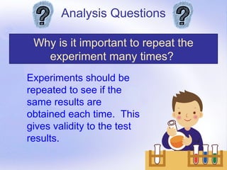 Analysis Questions

 Why is it important to repeat the
   experiment many times?
Experiments should be
repeated to see if the
same results are
obtained each time. This
gives validity to the test
results.

                                     Page 21
 