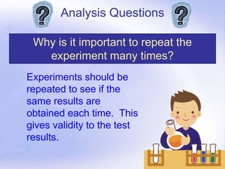 Page 21
Analysis Questions
Why is it important to repeat the
experiment many times?
Experiments should be
repeated to see if the
same results are
obtained each time. This
gives validity to the test
results.
 