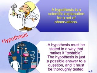 Page 5
A hypothesis is a
scientific explanation
for a set of
observations.
A hypothesis must be
stated in a way that
makes it “testable”.
The hypothesis is just
a possible answer to a
question, and it must
be thoroughly tested.
 
