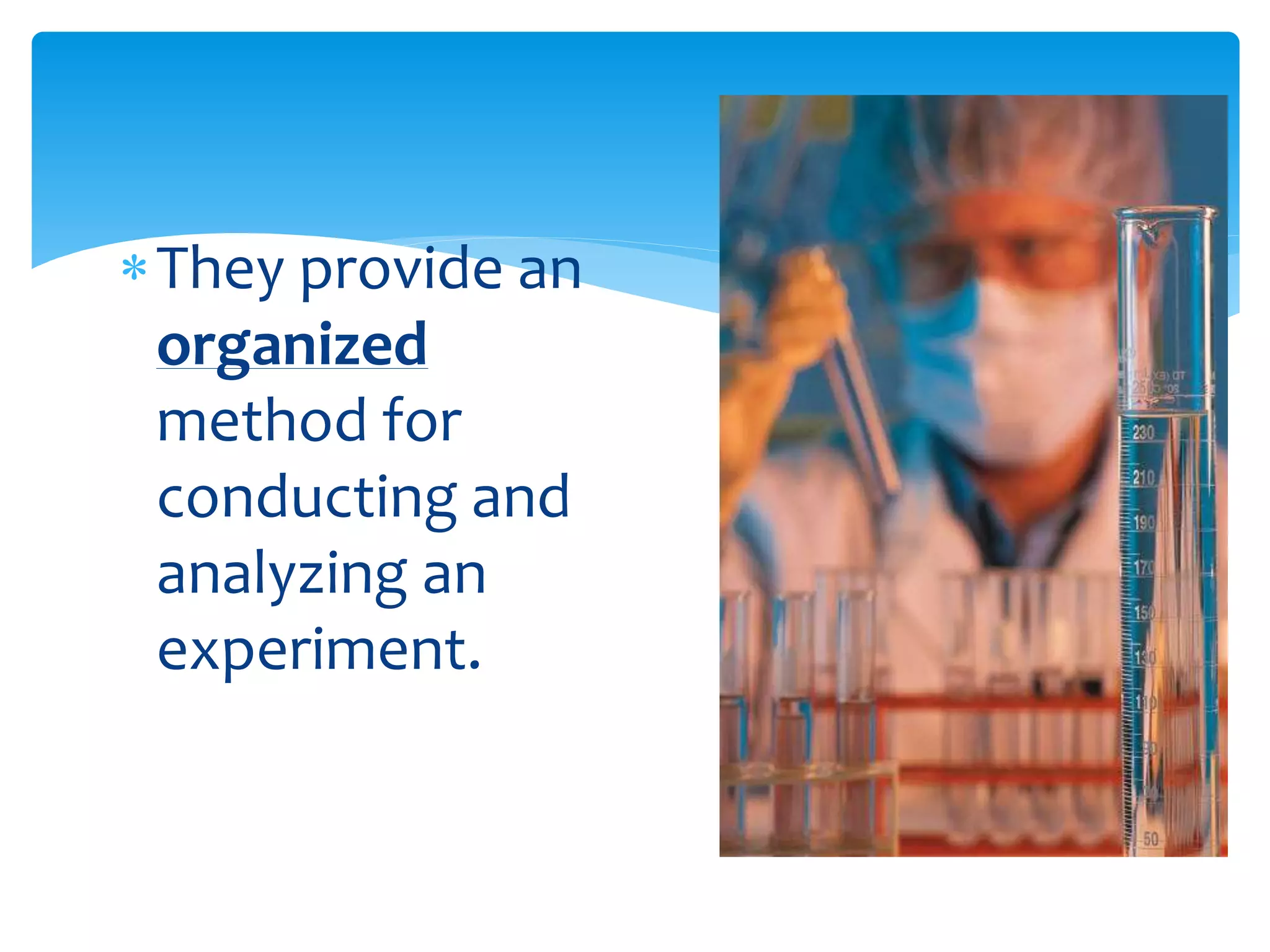 They provide an
organized
method for
conducting and
analyzing an
experiment.
 