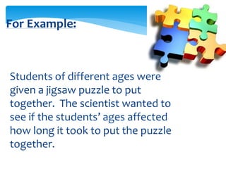 For Example:
Students of different ages were
given a jigsaw puzzle to put
together. The scientist wanted to
see if the students’ ages affected
how long it took to put the puzzle
together.
 