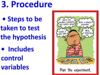 3. Procedure
 • Steps to be
taken to test
the hypothesis
• Includes
control
variables
 