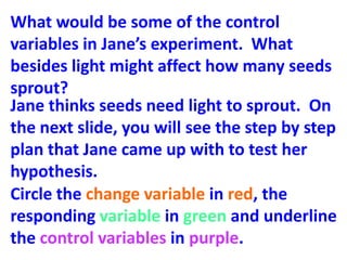 What would be some of the control
variables in Jane’s experiment. What
besides light might affect how many seeds
sprout?
Jane thinks seeds need light to sprout. On
the next slide, you will see the step by step
plan that Jane came up with to test her
hypothesis.
Circle the change variable in red, the
responding variable in green and underline
the control variables in purple.
 