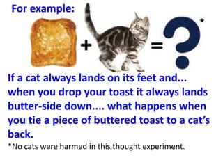 For example:




If a cat always lands on its feet and...
when you drop your toast it always lands
butter-side down.... what happens when
you tie a piece of buttered toast to a cat’s
back.
*No cats were harmed in this thought experiment.
 