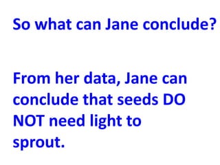 So what can Jane conclude?


From her data, Jane can
conclude that seeds DO
NOT need light to
sprout.
 