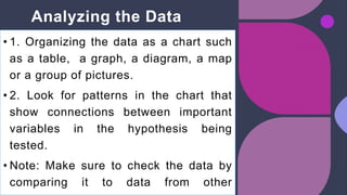 Analyzing the Data
• 1. Organizing the data as a chart such
as a table, a graph, a diagram, a map
or a group of pictures.
• 2. Look for patterns in the chart that
show connections between important
variables in the hypothesis being
tested.
• Note: Make sure to check the data by
comparing it to data from other
 