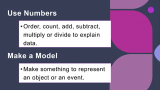 Use Numbers
• Order, count, add, subtract,
multiply or divide to explain
data.
Make a Model
• Make something to represent
an object or an event.
 