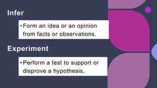 Infer
• Form an idea or an opinion
from facts or observations.
Experiment
• Perform a test to support or
disprove a hypothesis.
 