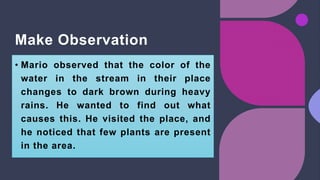 Make Observation
• Mario observed that the color of the
water in the stream in their place
changes to dark brown during heavy
rains. He wanted to find out what
causes this. He visited the place, and
he noticed that few plants are present
in the area.
 