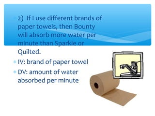 ∗ 2) If I use different brands of
paper towels, then Bounty
will absorb more water per
minute than Sparkle or
Quilted.
∗ IV: brand of paper towel
∗ DV: amount of water
absorbed per minute
 