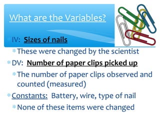 ∗IV: Sizes of nails
∗These were changed by the scientist
∗DV: Number of paper clips picked up
∗The number of paper clips observed and
counted (measured)
∗Constants: Battery, wire, type of nail
∗None of these items were changed
What are the Variables?
 