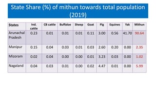 State Share (%) of mithun towards total population
(2019)
States Ind.
cattle
CB cattle Buffaloe Sheep Goat Pig Equines Yak...