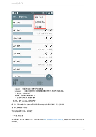 扫描⼆维码	：扫描⼆维码后⾃动解析并添加配置
	从剪贴板导⼊	：⼀般是从别处拷⻉了对应服务器配置的字符串，然后再来此处粘贴。
⾃⼰很少⽤到此⽅式
	⼿动设置	：⾃动⼿动填写配置信息
虽然稍微麻烦点，但是最通⽤
⼀般来说，推荐	扫码	添加，因为很⽅便
-》	但是下⾯会解释此处安卓中由于扫码需要	Google	Play	⽽导致死循环，⽽不⽅便扫码
-》	所以此处推荐	⼿动添加	
不过先说说如果要扫码，如何操作：
扫码添加配置
在扫描之前，先要有⼆维码可以扫，⽐如之前提到的购买	shadowsocks.nu	的ss服务，购买后去后台配置⻚⾯中可以找
到⼆维码。
Android的ss客户端
57
 