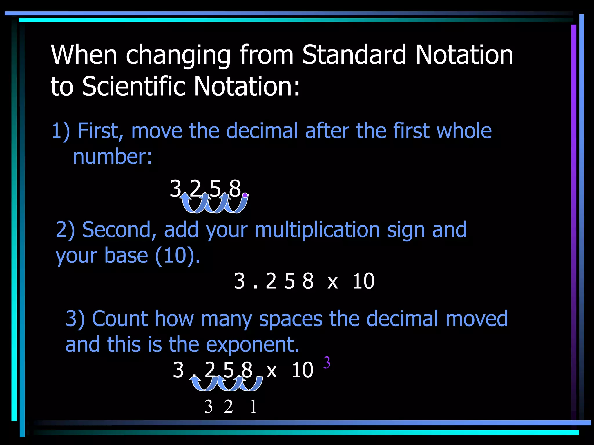 When changing from Standard Notation
to Scientific Notation:
1) First, move the decimal after the first whole
number:
3 2 5 8
1
2
3
3
2) Second, add your multiplication sign and
your base (10).
3 . 2 5 8 x 10
3) Count how many spaces the decimal moved
and this is the exponent.
3 . 2 5 8 x 10
 