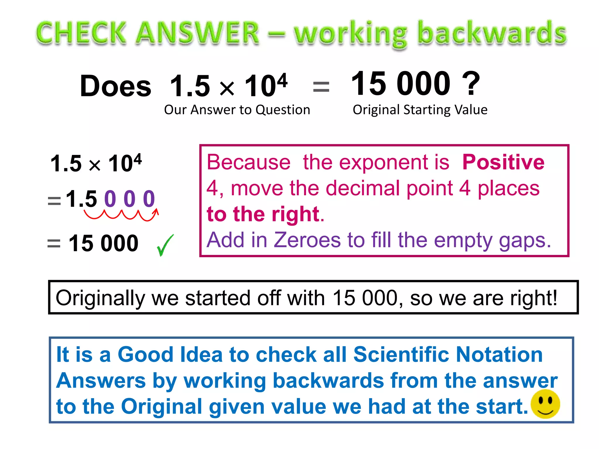 Does 1.5  104 15 000 ?=
1.5  104
1.5 0 0 0
Because the exponent is Positive
4, move the decimal point 4 places
to the right.
Add in Zeroes to fill the empty gaps.15 000
=
=
It is a Good Idea to check all Scientific Notation
Answers by working backwards from the answer
to the Original given value we had at the start.
Originally we started off with 15 000, so we are right!
Our Answer to Question Original Starting Value
 