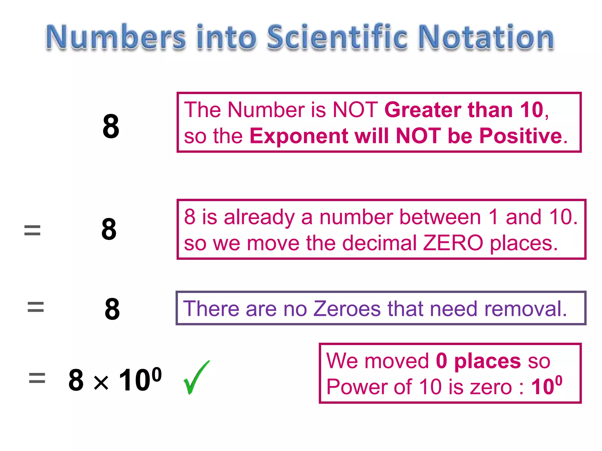 8  100
8
The Number is NOT Greater than 10,
so the Exponent will NOT be Positive.8
=
8 is already a number between 1 and 10.
so we move the decimal ZERO places.
There are no Zeroes that need removal.8=
We moved 0 places so
Power of 10 is zero : 100=
 