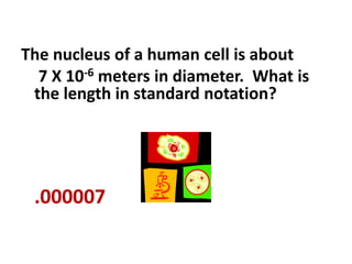 The nucleus of a human cell is about
7 X 10-6 meters in diameter. What is
the length in standard notation?
.000007
