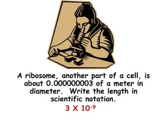 A ribosome, another part of a cell, is
about 0.000000003 of a meter in
diameter. Write the length in
scientific notation.
3 X 10-9