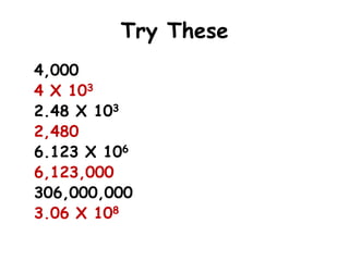 Try These
4,000
4 X 103
2.48 X 103
2,480
6.123 X 106
6,123,000
306,000,000
3.06 X 108