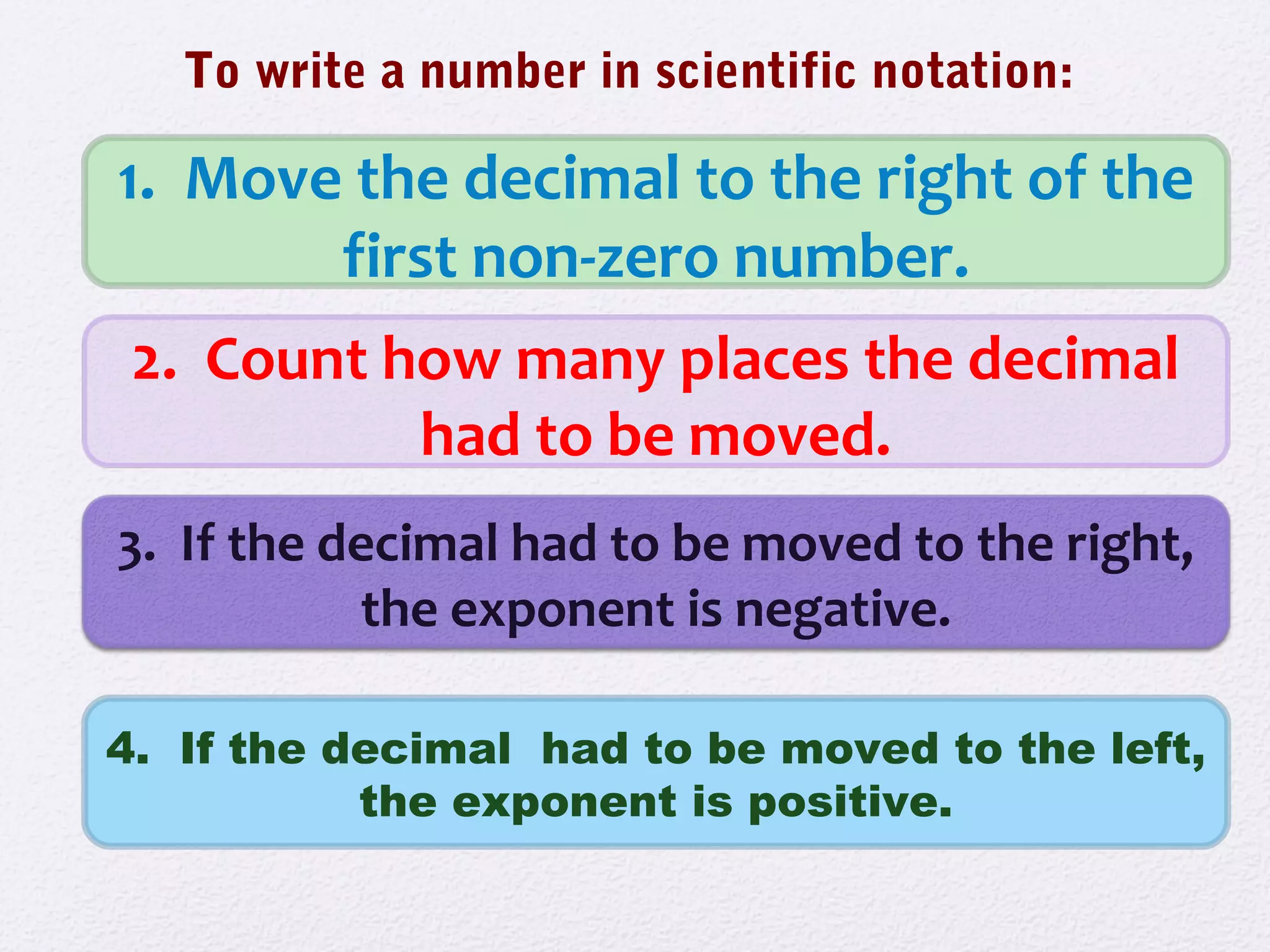 1. Move the decimal to the right of the
first non-zero number.
2. Count how many places the decimal
had to be moved.
3. If the decimal had to be moved to the right,
the exponent is negative.
4. If the decimal had to be moved to the left,
the exponent is positive.
To write a number in scientific notation:
 