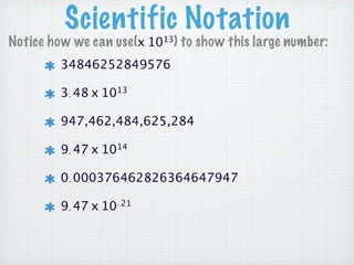 Scientific Notation
Notice how we can use(x 1013) to show this large number:
34846252849576
3.48 x 1013
947,462,484,625,284
9.47 x 1014
0.000376462826364647947
9.47 x 10-21