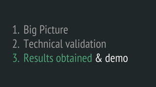 1. Big Picture
2. Technical validation
3. Results obtained & demo
 