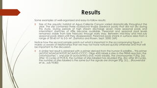 Results
Some examples of well-organized and easy-to-follow results:
🠶 Size of the aquatic habitat at Agua Caliente Canyon varied dramatically throughout the
year. The site contained three rockbound tinajas (bedrock pools) that did not dry during
this study. During periods of high stream discharge seven more seasonal pools and
intermittent stretches of riffle became available. Perennial and seasonal pool levels
remained stable from late February through early May. Between mid-May and mid-July
seasonal pools dried until they disappeared. Perennial pools shrank in surface area from a
range of 30-60 m² to 3-5- M². (Sartorius and Rosen, Sept. 2000: 269)
Notice how the second sample points out what is important in the accompanying figure. It
makes us aware of relationships that we may not have noticed quickly otherwise and that will
be important to the discussion.
🠶 A similar test result is obtained with a primer derived from the human ß-satellite... This primer
(AGTGCAGAGATATGTCACAATG-CCCC: Oligo 435) labels 6 sites in the PRINS reaction: the
chromosomes 1, one pair of acrocentrics and, more weakly, the chromosomes 9 (Fig. 2a).
After 10 cycles of PCR-IS, the number of sites labeled has doubled (Fig. 2b); after 20 cycles,
the number of sites labeled is the same but the signals are stronger (Fig. 2c)... (Rouwendal
et al., July 93:80)
 