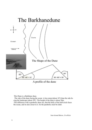 The Barkhanedune




                             The Shape of the Dune




                              A profile of the dune




     This Dune is a Barkhane dune.
     The side of the dune facing the ocean is less steep (about 10°) than the side fa-
    cing the landscape (about 30°) The height of the dune is about 20m.
    :The diffrences with a parabolic dune are, that the belly of the half-circle faces
    the ocean, and its also closer to it. So the parabolic must be older.




                                                      Jean-Arnaud Balcou , Eva Klein


9
 