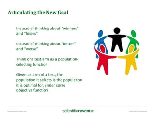 info@@scientificrevenue.com Pricing Without Compromise
Articulating the New Goal
Instead of thinking about “winners”
and “losers”
Instead of thinking about “better”
and “worse”
Think of a test arm as a population-
selecting function
Given an arm of a test, the
population it selects is the population
it is optimal for, under some
objective function
 