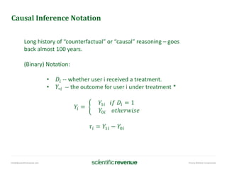 info@@scientificrevenue.com Pricing Without Compromise
Causal Inference Notation
Long history of “counterfactual” or “causal” reasoning – goes
back almost 100 years.
(Binary) Notation:
• 𝐷𝑖 -- whether user i received a treatment.
• 𝑌∗𝑖 -- the outcome for user i under treatment *
𝑌𝑖 = ቊ
𝑌1𝑖 𝑖𝑓 𝐷𝑖 = 1
𝑌0𝑖 𝑜𝑡ℎ𝑒𝑟𝑤𝑖𝑠𝑒
𝜏𝑖 = 𝑌1𝑖 − 𝑌0𝑖
 