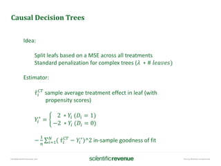 info@@scientificrevenue.com Pricing Without Compromise
Causal Decision Trees
Idea:
Split leafs based on a MSE across all treatments
Standard penalization for complex trees (𝜆 ∗ # 𝑙𝑒𝑎𝑣𝑒𝑠)
Estimator:
Ƹ𝜏𝑖
𝐶𝑇
sample average treatment effect in leaf (with
propensity scores)
𝑌𝑖
∗
= ቊ
2 ∗ 𝑌𝑖 (𝐷𝑖 = 1)
−2 ∗ 𝑌𝑖 (𝐷𝑖 = 0)
−
1
𝑛
σ𝑖=1
𝑁
( Ƹ𝜏𝑖
𝐶𝑇
− 𝑌𝑖
∗
)^2 in-sample goodness of fit
 