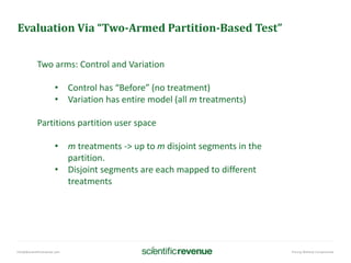 info@@scientificrevenue.com Pricing Without Compromise
Evaluation Via “Two-Armed Partition-Based Test”
Two arms: Control and Variation
• Control has “Before” (no treatment)
• Variation has entire model (all m treatments)
Partitions partition user space
• m treatments -> up to m disjoint segments in the
partition.
• Disjoint segments are each mapped to different
treatments
 