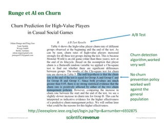 info@@scientificrevenue.com Pricing Without Compromise
Runge et Al on Churn
Churn detection
algorithm,worked
very well
No churn
prevention policy
worked well
against the
general
population
A/B Test
http://ieeexplore.ieee.org/xpl/login.jsp?tp=&arnumber=6932875
 